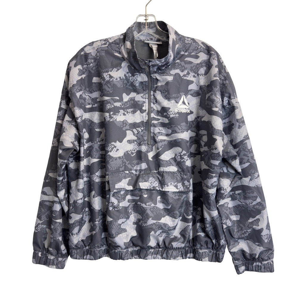 Reebok Womens Size L Grey Snakeskin Camo Quarter Zip Windbreaker Jacket Pocket